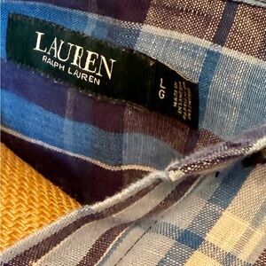 Lauren Ralph Lauren Blue Plaid Linen Blend Women's Camp Shirt Large